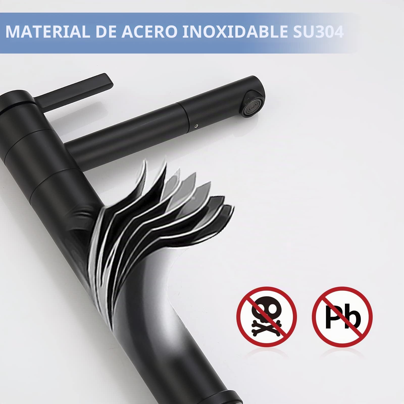 HOMELODY Grifo de baño negro alto con caño giratorio 360° y cuerpo – Grifo de acero inoxidable para baño con 215 mm de altura de caño – Fregadero monomando negro mate para lavabo superior