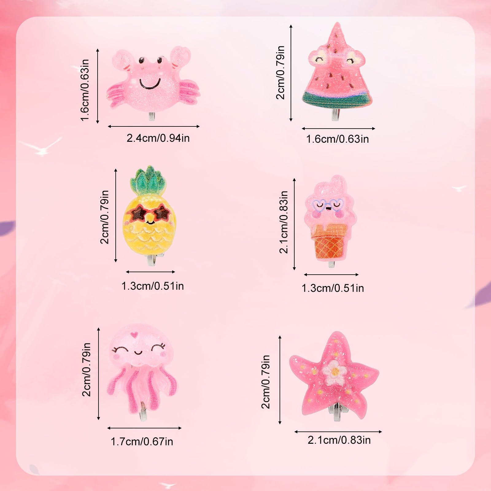 6 Pair Kids Clip On Earrings, Resin Non-Pierced Magnetic Earrings Beach-Inspired Octopus Crab and More Design Summer Theme Ear Clip Dress Up Jewelry Accessory for Girls (6 Styles)