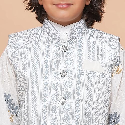 Image of AJ DEZINES Kids Ethnic Wear Cotton Printed Kurta Pajama Set For Boys With Nehru Waist Coat Jacket