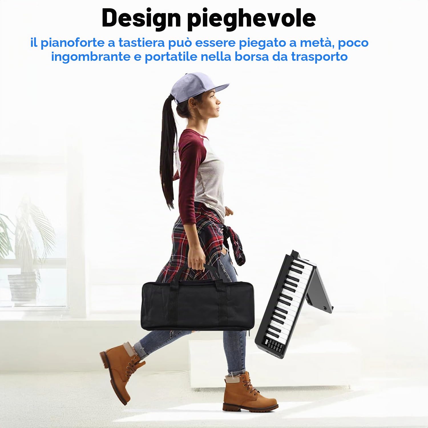 Pianola per Scuola Media，Tastiera 61 Tasti，Pieghevole Tastiera Elettronica Portatile, con Tasti a Grandezza Standard Leggio Pedale Sustain MIDI Bluetooth e Borsa