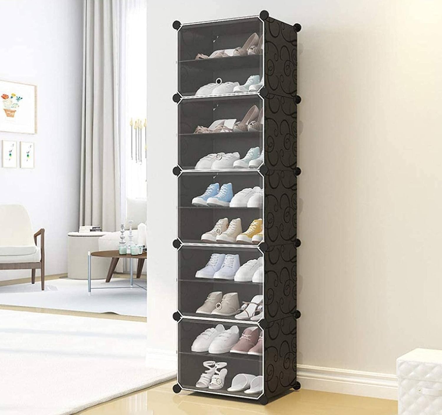 PYXBE- DIY Shoe Rack Organizer/Multi-Purpose Plastic 5 Layers Portable and Folding Shoe Rackh (10 Layer Black)