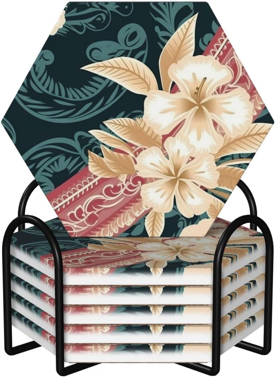 ドリンクコースター6枚セット セラミックコースター ホルダー付き エレガントなハワイアンパターン ラウンドコースター ドリンク用 卓