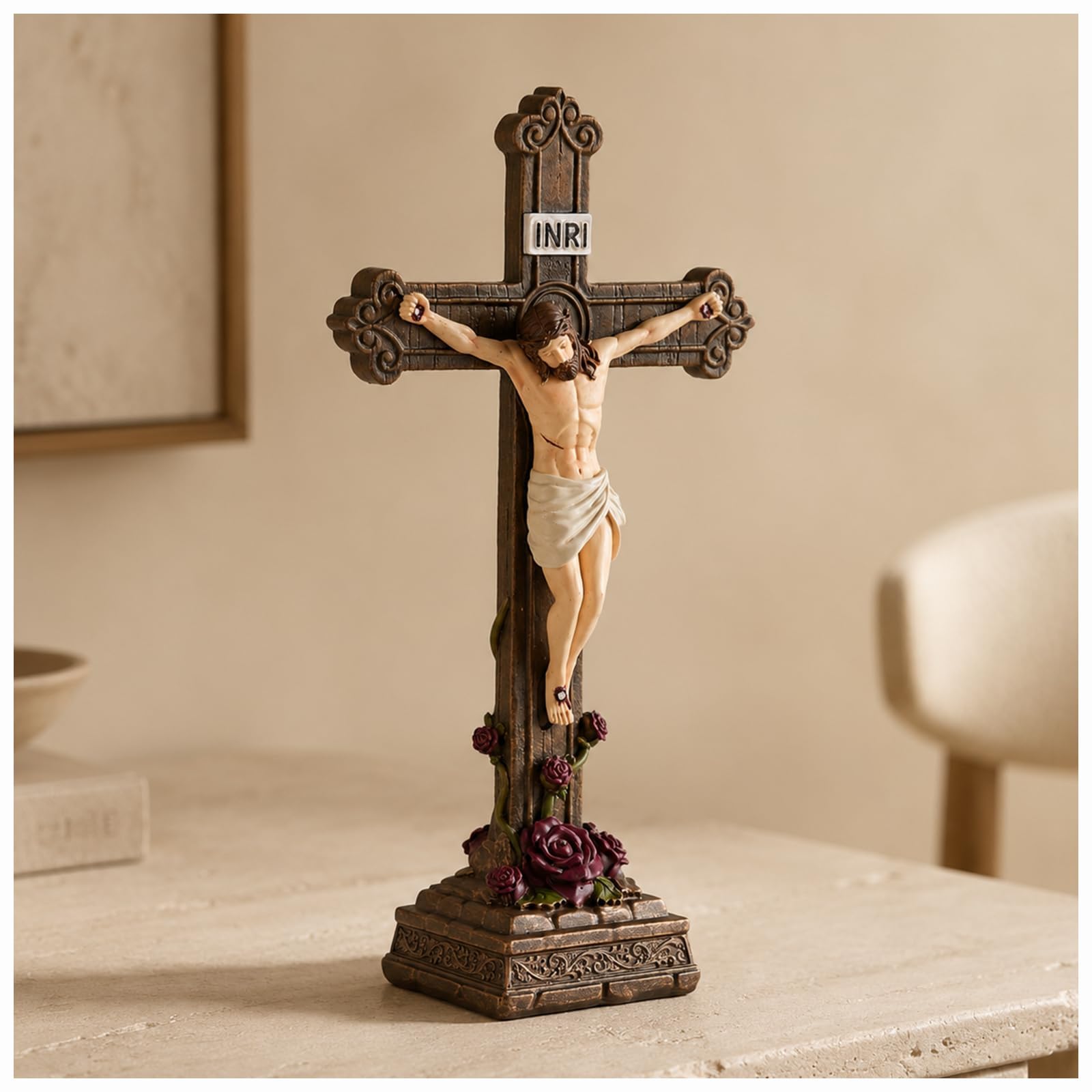 12 Inch Standing Jesus Crucifix, Cross Statue with INRI Sign and Roses