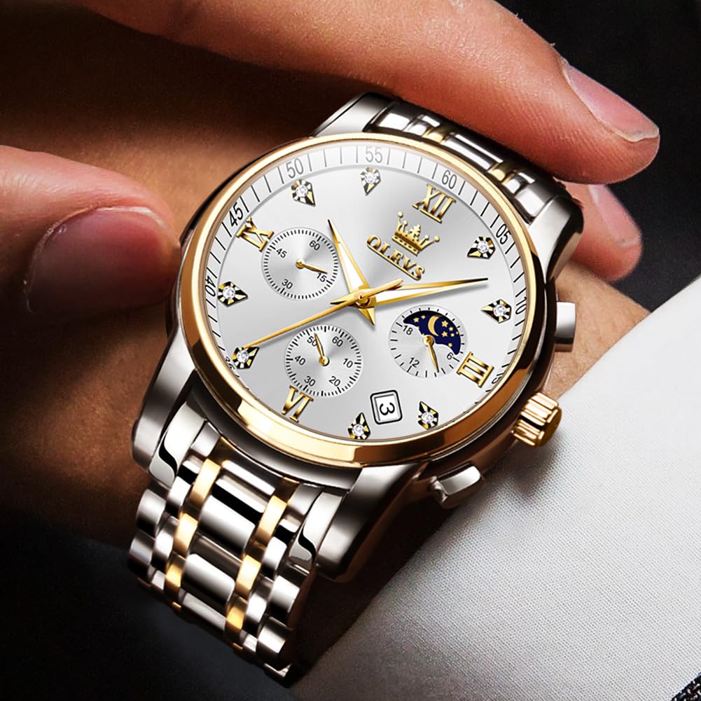 OLEVS Watch for Men Diamond Business Dress Analog Quartz Stainless Steel Waterproof Luminous Date Two Tone Luxury Casual Wrist Watch