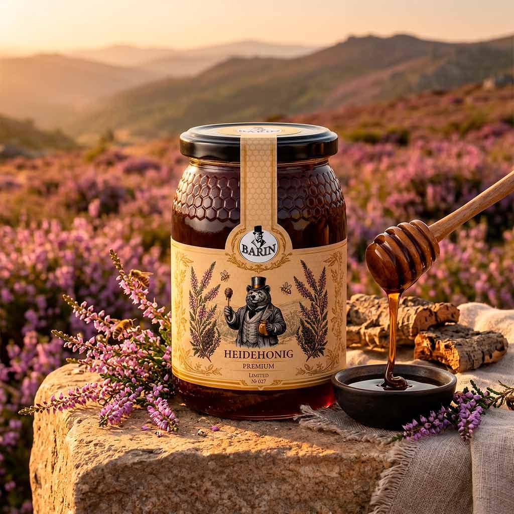 BARIN Honig Geschenkset – 6 Sorten Premium Sortenhonig aus Portugal (6×500 g), Probierset im Geschenkkarton mit Holz-Honiglöffel, Orangen-, Eukalyptus-, Kastanien-, Heide-, Lavendel- &