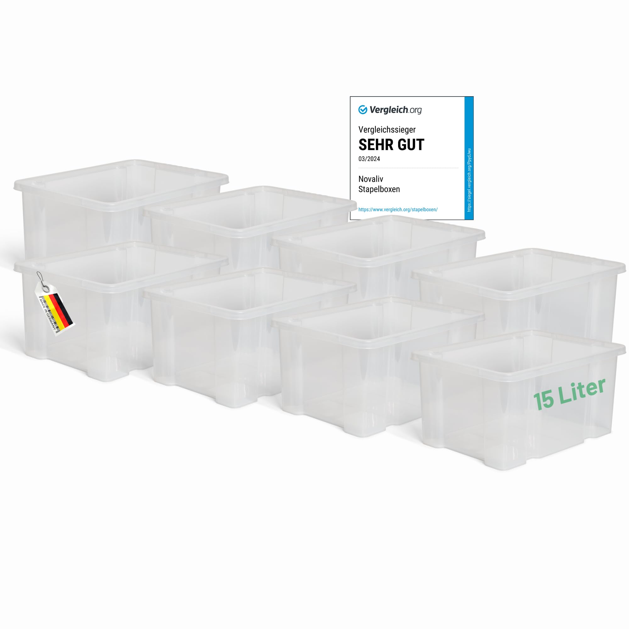 Novaliv 12x Aufbewahrungsboxen ohne Deckel 15L transparente Nestbar stapelbare Storage boxes Kunststoffbox BPA-frei 39x28,5x19,5 cm