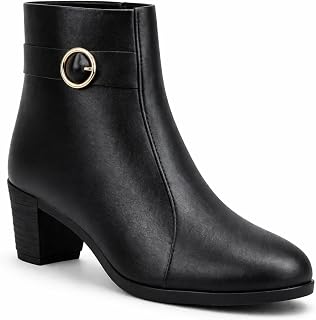 Women’s Brown Ankle Boots | Stylish Block Heel Boots with Round Buckle Strap | Side Zip Casual Booties
