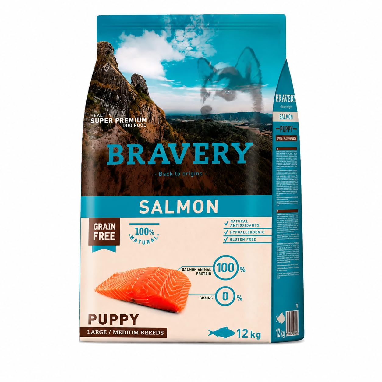 Bravery Puppy Crocchette Cane Cucciolo Medium Large 12 kg con Salmone, Mangime Secco Grain Free per Cuccioli Taglia Media e Grande, Alimento Naturale per Crescita