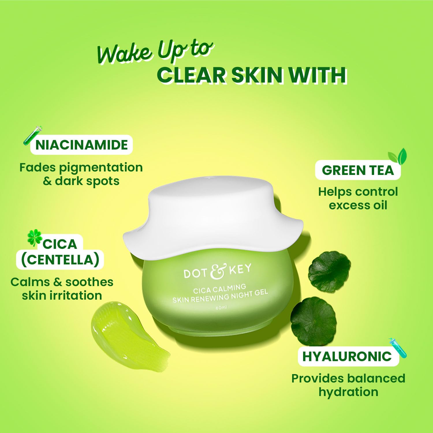 Dot & Key Cica Gel notte calmante per la pelle, 60 ml, gel lenitivo per pelli grasse e soggette ad acne, riduce il rossore, equilibra l'olio e promuove una carnagione più chiara