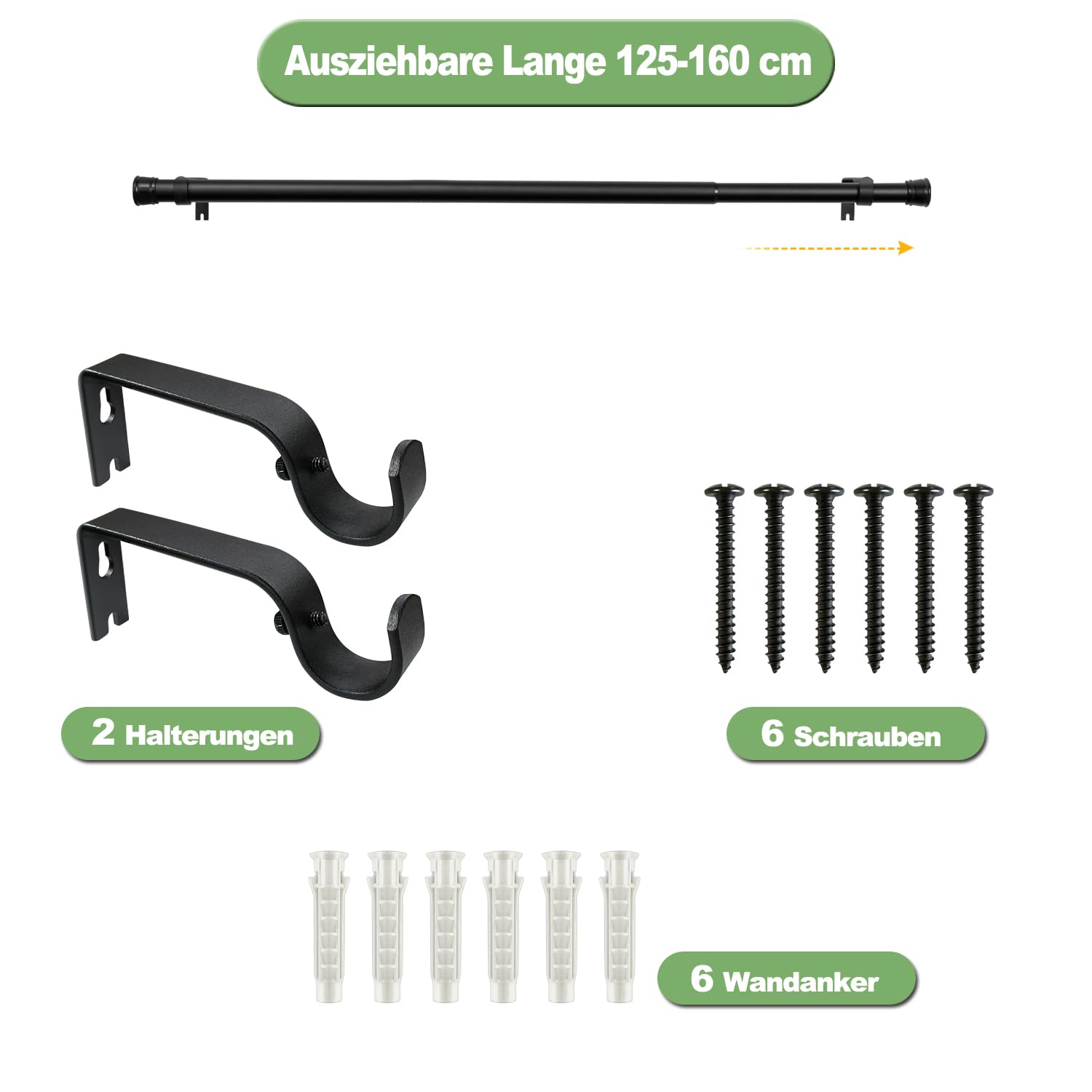 Tringle Rideau Extensible 86-160 Cm Noir Mat - Barre à Rideaux Solide Avec Supports