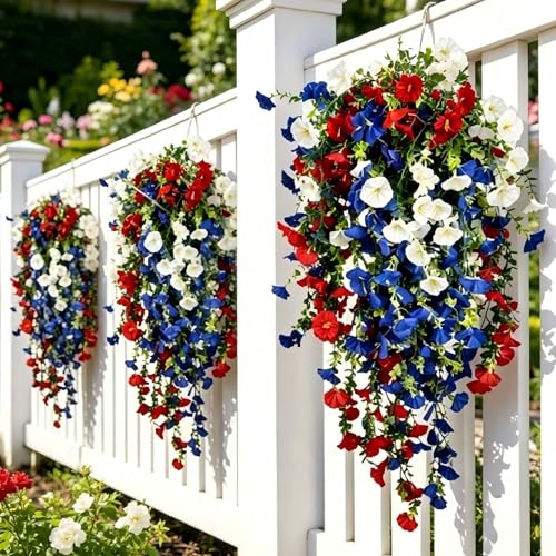 3/6/9Pcs Red White And Blue Artificial Flowers 4th Of July Patriotic Decorations - Uv Resistant Faux Silk Flowers For Outdoor Indoor Hanging Baskets Memorial Day Home Garden Patio Dcor (3pcs)