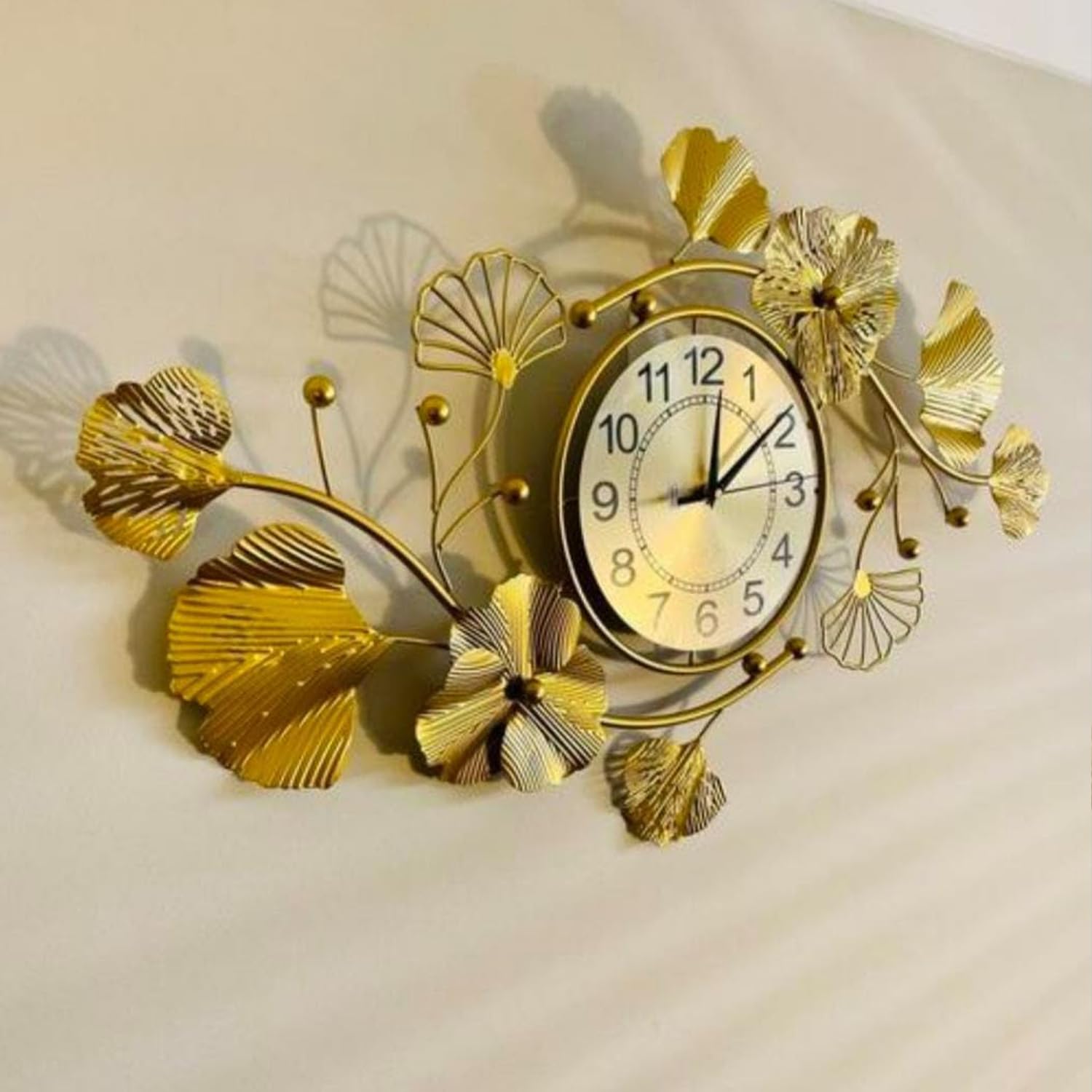 FINE DECOR Analog, Metal Floral Wall Hanging Designer Wall Clock For Living Room, Antique Home Decor Items For Living Room & Glossy Finish Decorative Items (Size 36 X 20 Inch, Golden)