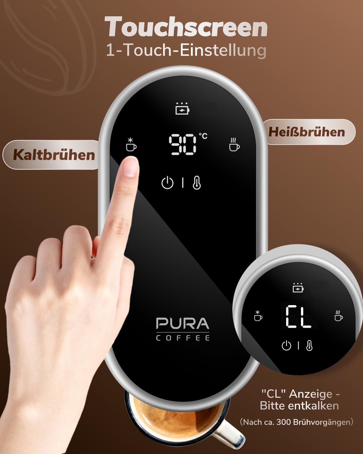 Kompakte Espressomaschine 20Bar Touchscreen einstellbare Temperatur 85-95°C tragbare Akku Kaffeemaschine für Camping
