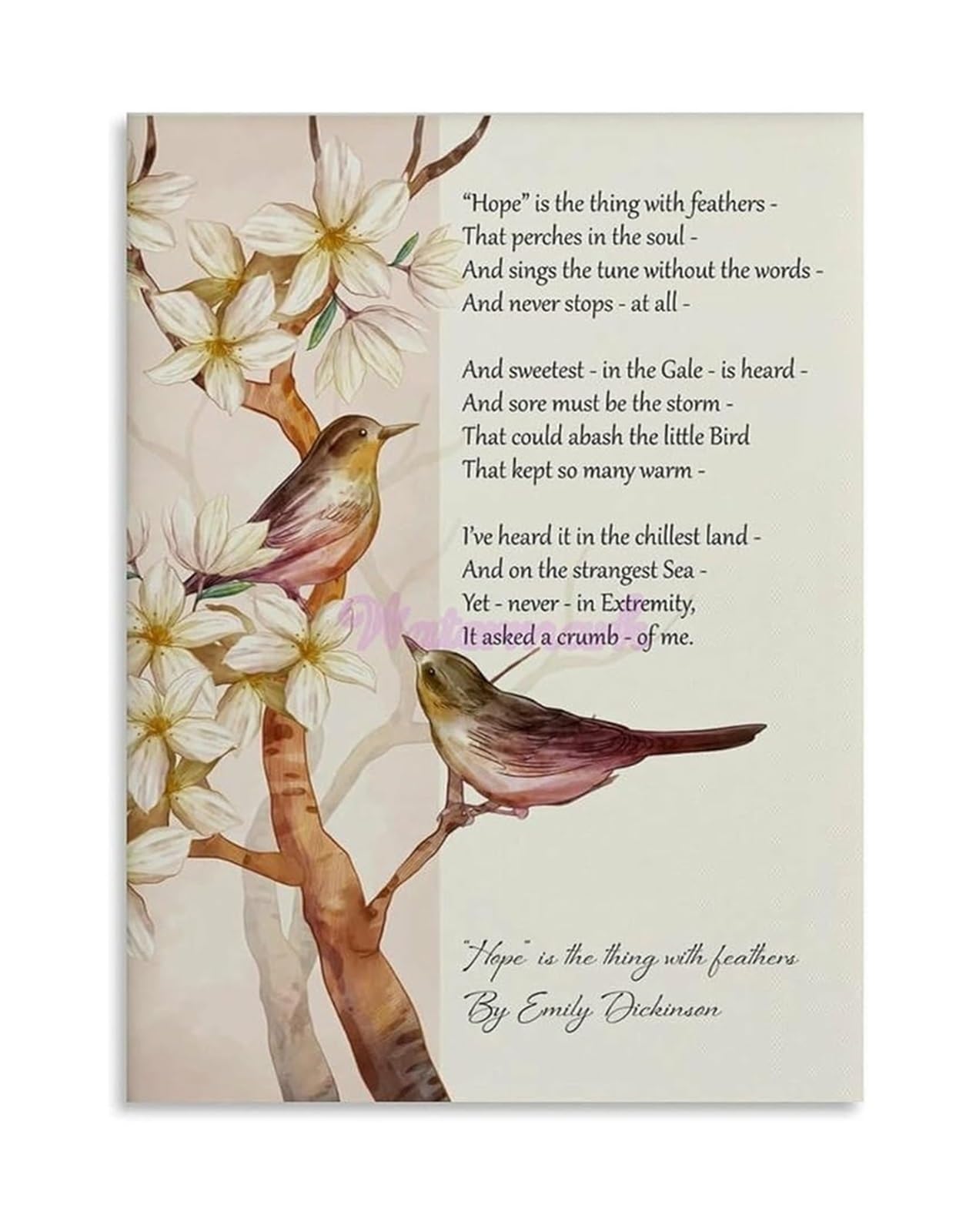 BIANMTSW Hope Is The Thing with Feathers Emily Dickinson Quote Literary Art Canvas Print Wall-Art for Study Library Bedroom Decor Unframed,12x18inch(30x45cm)