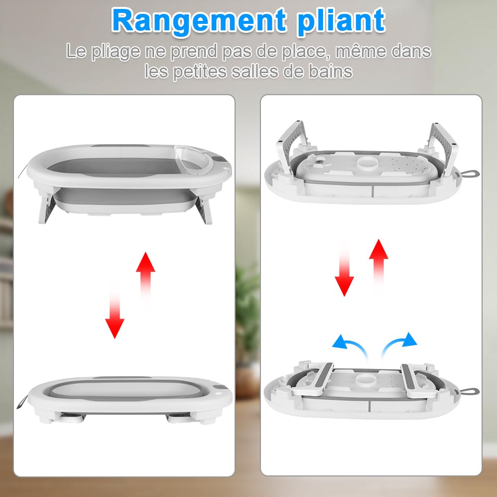 Bañera de bebé plegable con termómetro integrado, baño cómodo con soporte de almacenamiento, ideal para ducha, fácil de limpiar, incluye colchón y gorro de baño (gris)