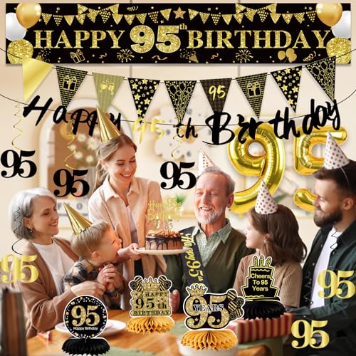 Image of 95th Birthday Decorations for Men, Black Gold 95th Party Decoration Kits | 27pcs Happy 95th Birthday Set: Banner, Honeycomb, Balloons, Gold Number, Candle, Hanging Swirls, Cake Topper, Party Supplies