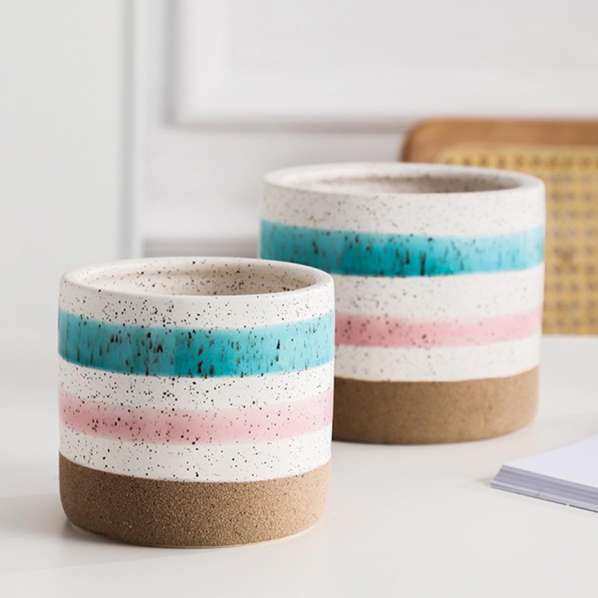 UKCOCO Blumentopf Handbemalt Keramik Tischblumentopf 2 Stück Ungebrannter Topf Schlichtes Design für Sukkulenten und Blumen für Café und Wohnzimmer