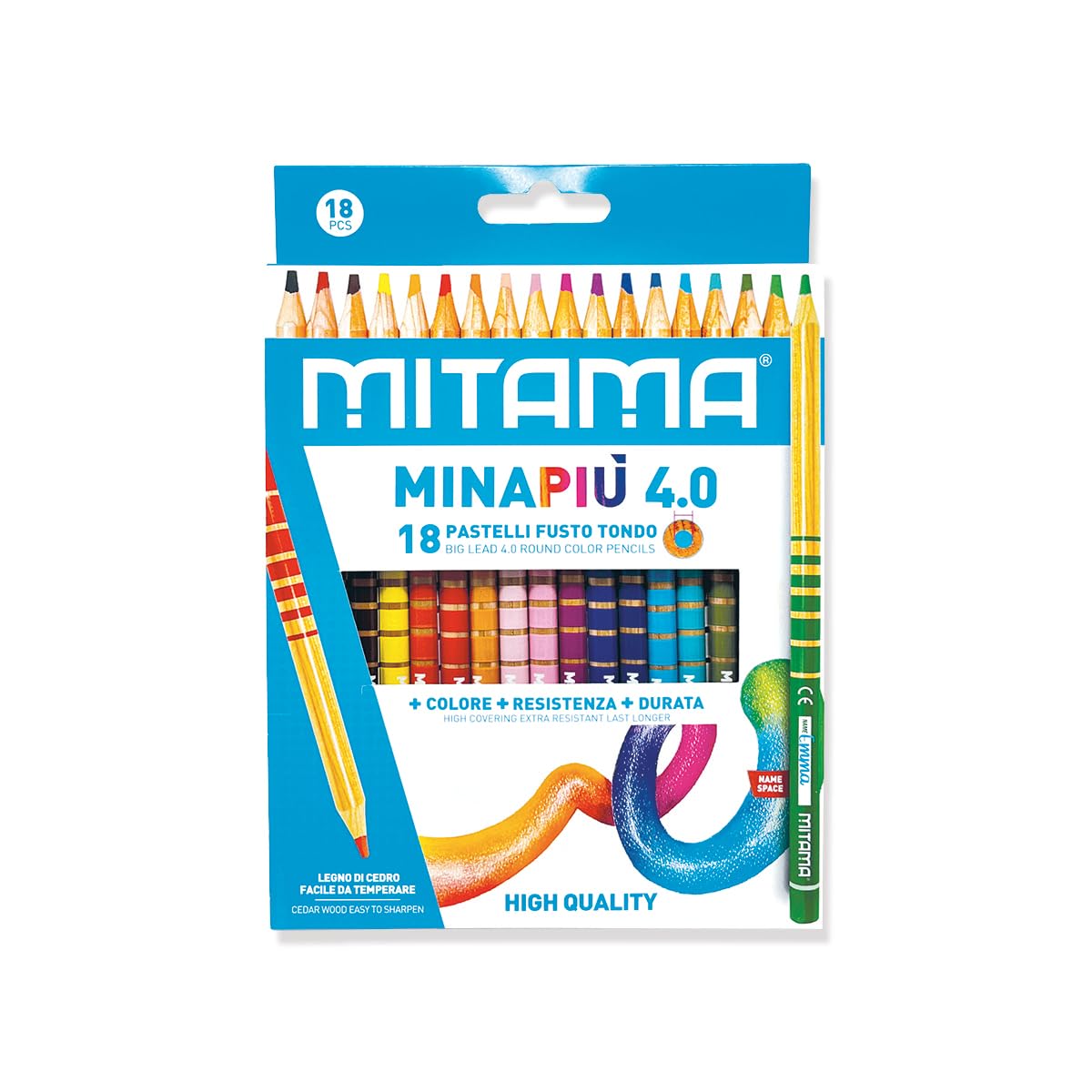 Mitama - Pastelli MINAPIU 4.0 - Confezione da 18 pastelli - Mina grande 4 mm resistente - diametro 7,5 mm - Spazio per il nome - Colori Scuola - Pastelli Astuccio Scuola