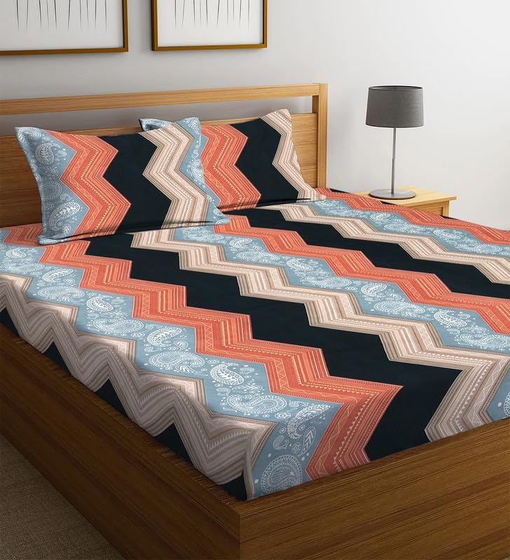 Image of la'amour Cotton Elastic Fitted Bedsheets with 2 King Size Pillow Covers Double Bed with All Around Elastic Supersoft Size - 72 King Sizex78+10 inches Color - Orange Black