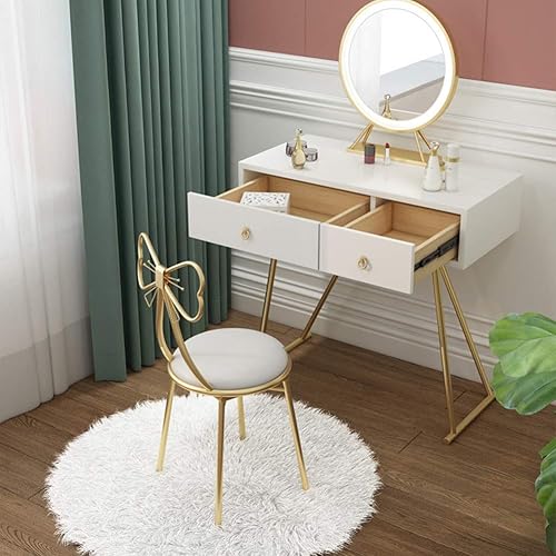 Miniatura 7 de Gluck Plants Taburete moderno de maquillaje, bonito taburete de mariposa, banco otomano, patas de banco de metal, silla de comedor dorada para