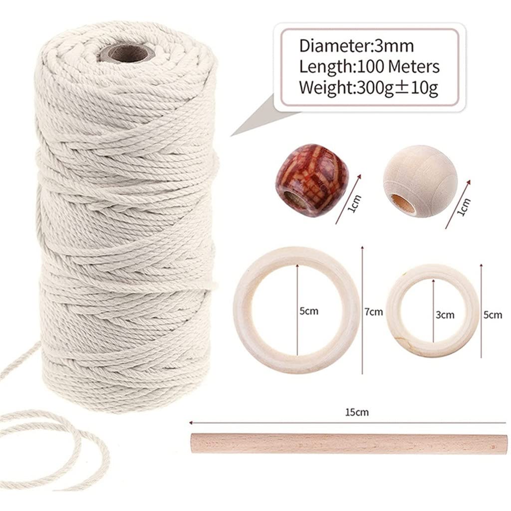 Lot de 200 cordes en macramé naturel 3 mm x 100 m, 2 bâtonnets en bois, 8 anneaux en bois, 200 perles en bois pour bricolage