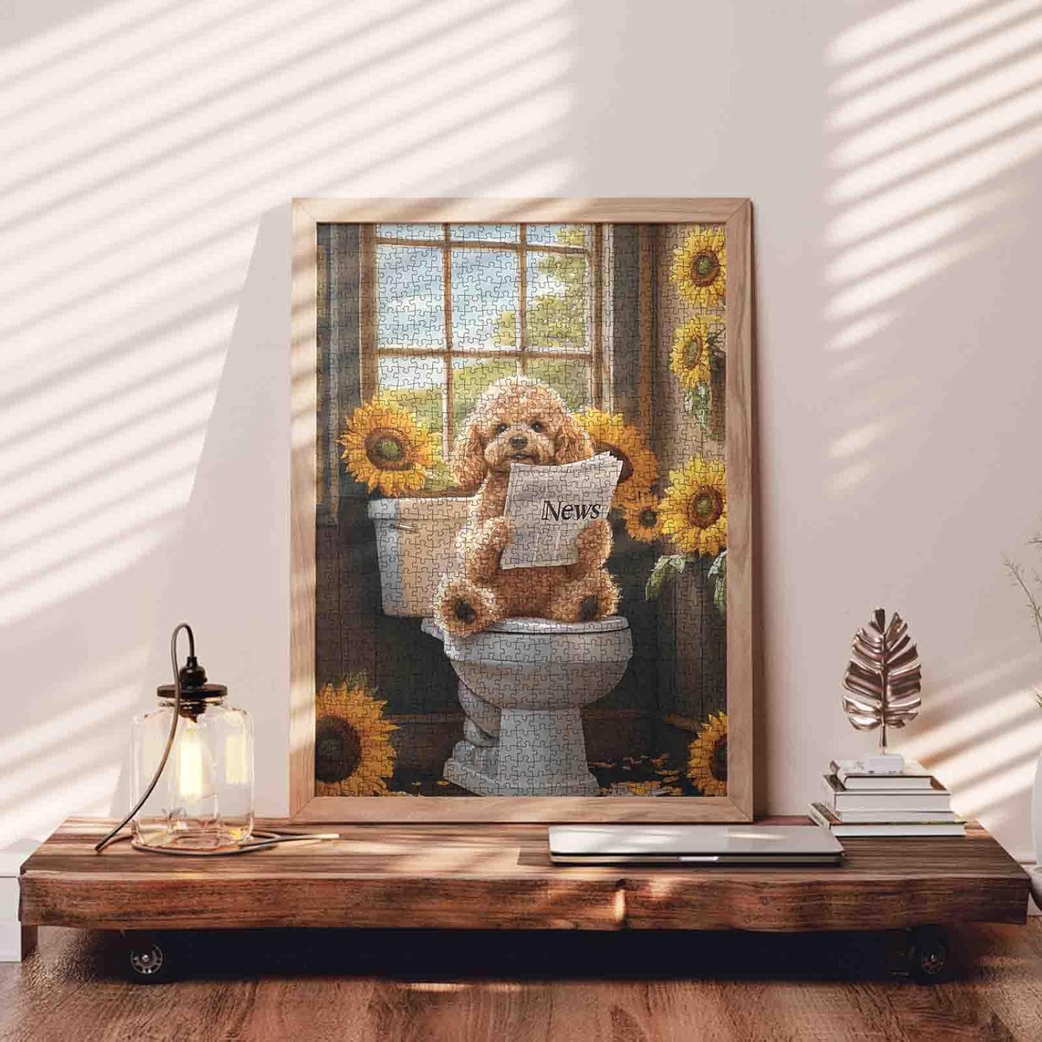 Tucocoo Funny Dog Bathroom Puzzle for Adults, 1000 Piece Jigsaw Cute Poodle Reading Newspaper on Toilet with Sunflowers Puzzles, Challenging Puzzles for Adults, Family Games, Home Wall Art Decor Gift