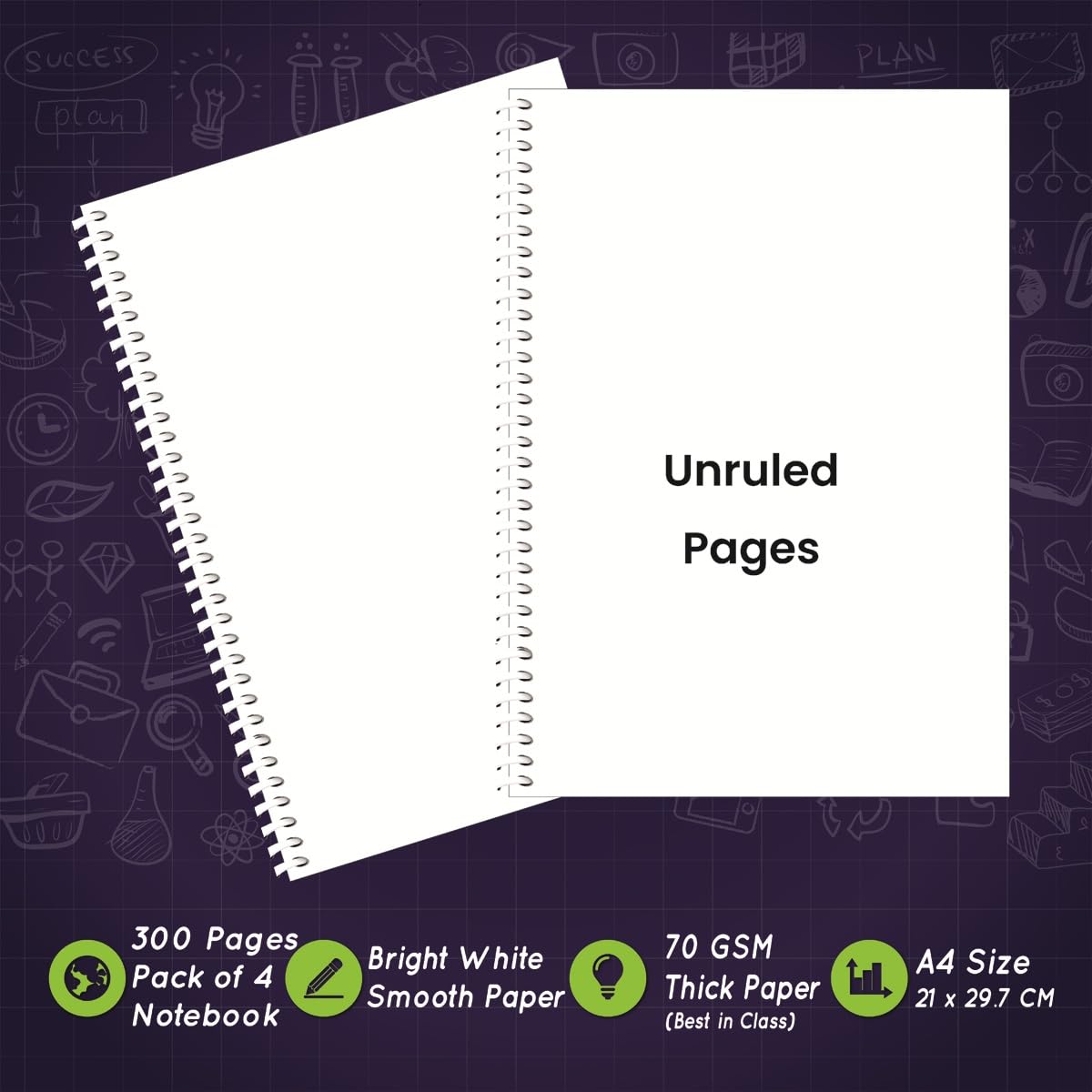 amblitz Lot de 4 carnets à spirales non lignés 300 pages Format A4 Papier épais 70 g/m²