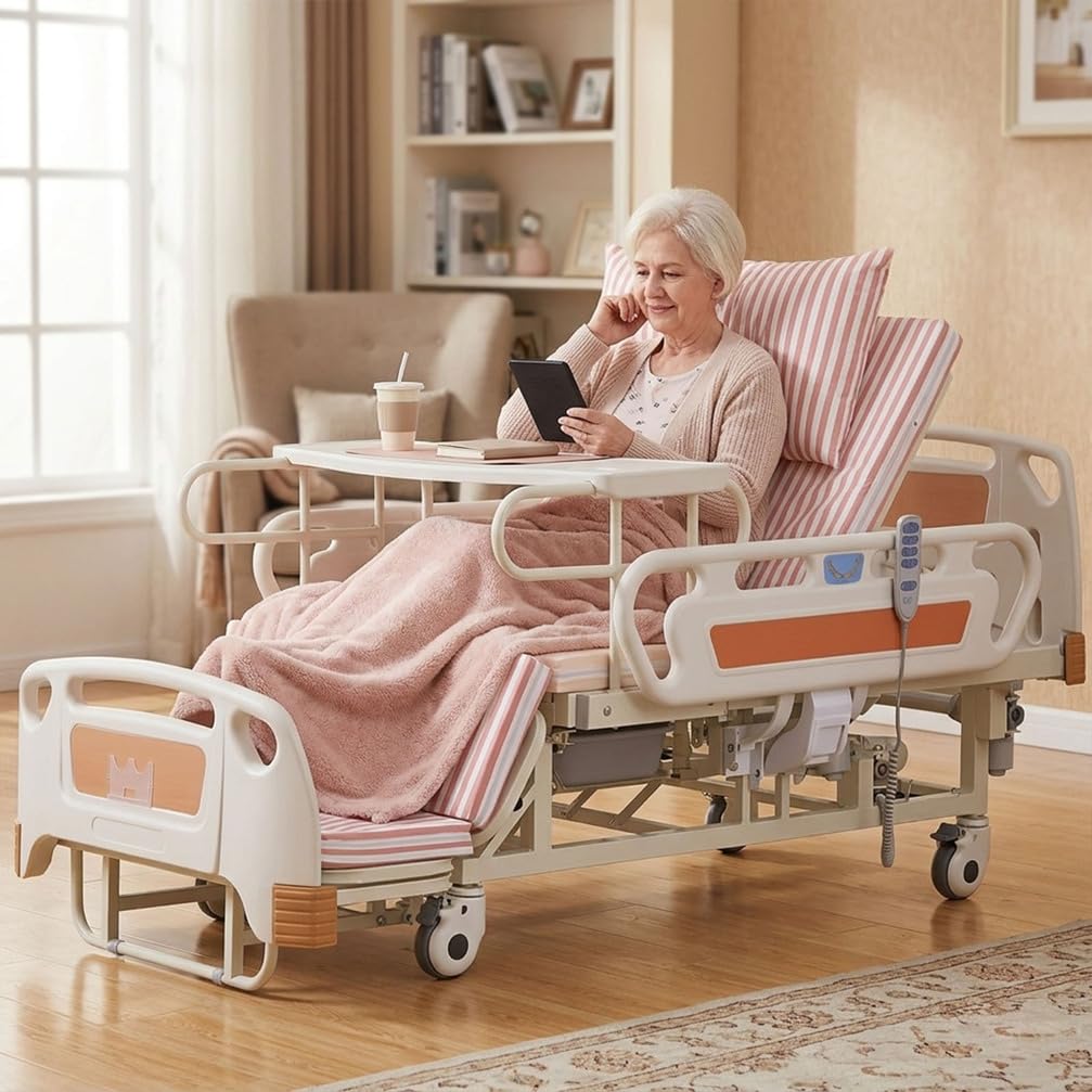Letto ospedaliero elettrico per uso domestico con inclinazione laterale, letto medico multifunzione regolabile adatto a diverse tipologie di pazienti, con telecomando e materasso.