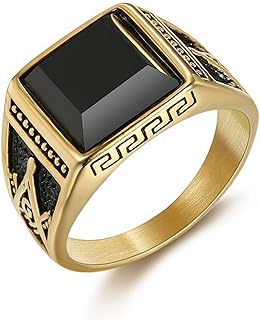 Vintage Black Stone Onyx Signet Ring for Men,Antique Stainless Steel Gold-Plated Ring Freemasonry Masonic Agate Pinky Ring Titanium Steel Ring Gemstone Signet Unique Fashion Biker Jewelry, Large