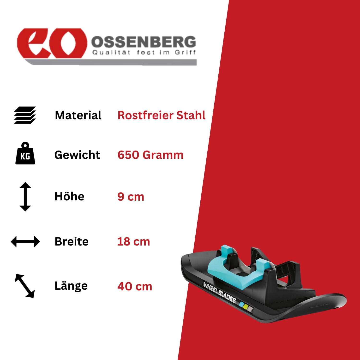 Ossenberg WHEELBLADES XL – (1 Stück) - Schneekufen für Kinderwagen, Rollatoren und Fahrradanhänger – Ski Kufen mit patentiertem Schnellverschluss – für sichere Winterausflüge