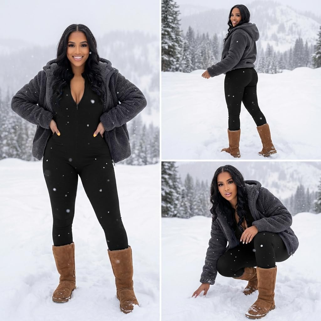 Women's Ribbed Bodycon Jumpsuit Long Sleeve Zip Up Front Romper Slim Fit One Piece with Pants - Image 2