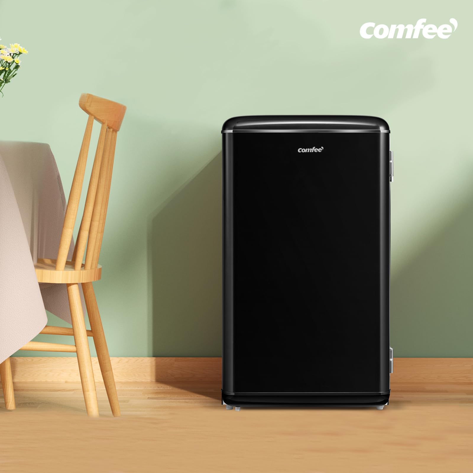 Comfee' 93L Refrigerador Bajo Encimera, Diseño Retro, Negro | Independiente con Compartimento Enfriador, Termostatos Ajustables, Luz LED, Ideal para Hogar y Oficina