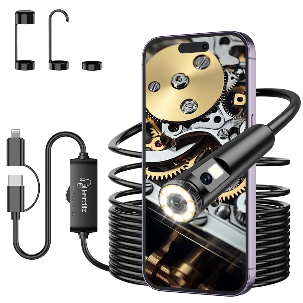 Caméra Endoscopique Double Objectif, 1920P HD Camera Inspection Canalisation avec 8+1 LEDs Réglables pour Compatible Android, iOS et tablettes, No WiFi Camera Câble Semi-Rigide(16,5 FT/5M)