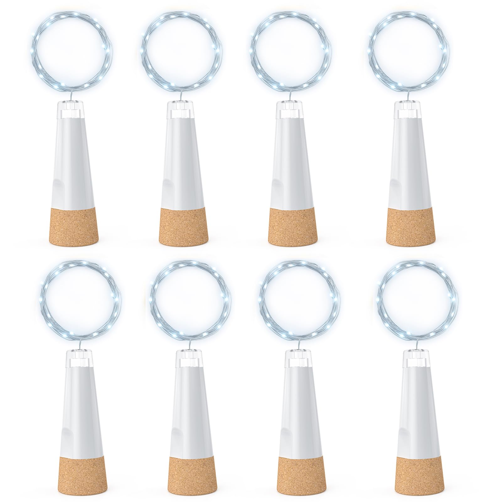 Lot de 8 guirlandes lumineuses rechargeables par USB avec bouchon en liège 2024 2 m 20 LED pour décorations de Noël (blanc froid)