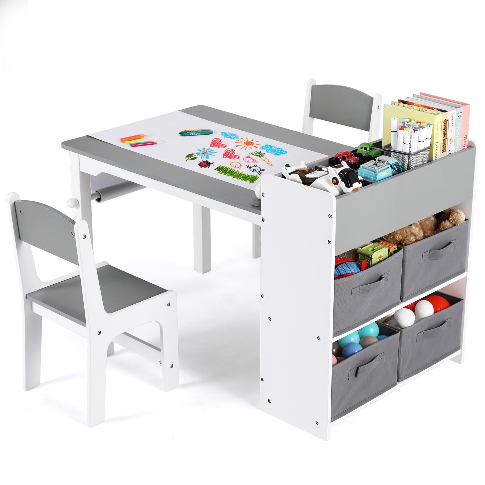 Clevich Table pour Enfant avec 2 Chaises, Table avec Espace de Rangement, Ensemble de Chaises en Bois, Bureau de Peinture avec Rouleau en Papier et 4 Boîtes de Rangement, Gris Blanc