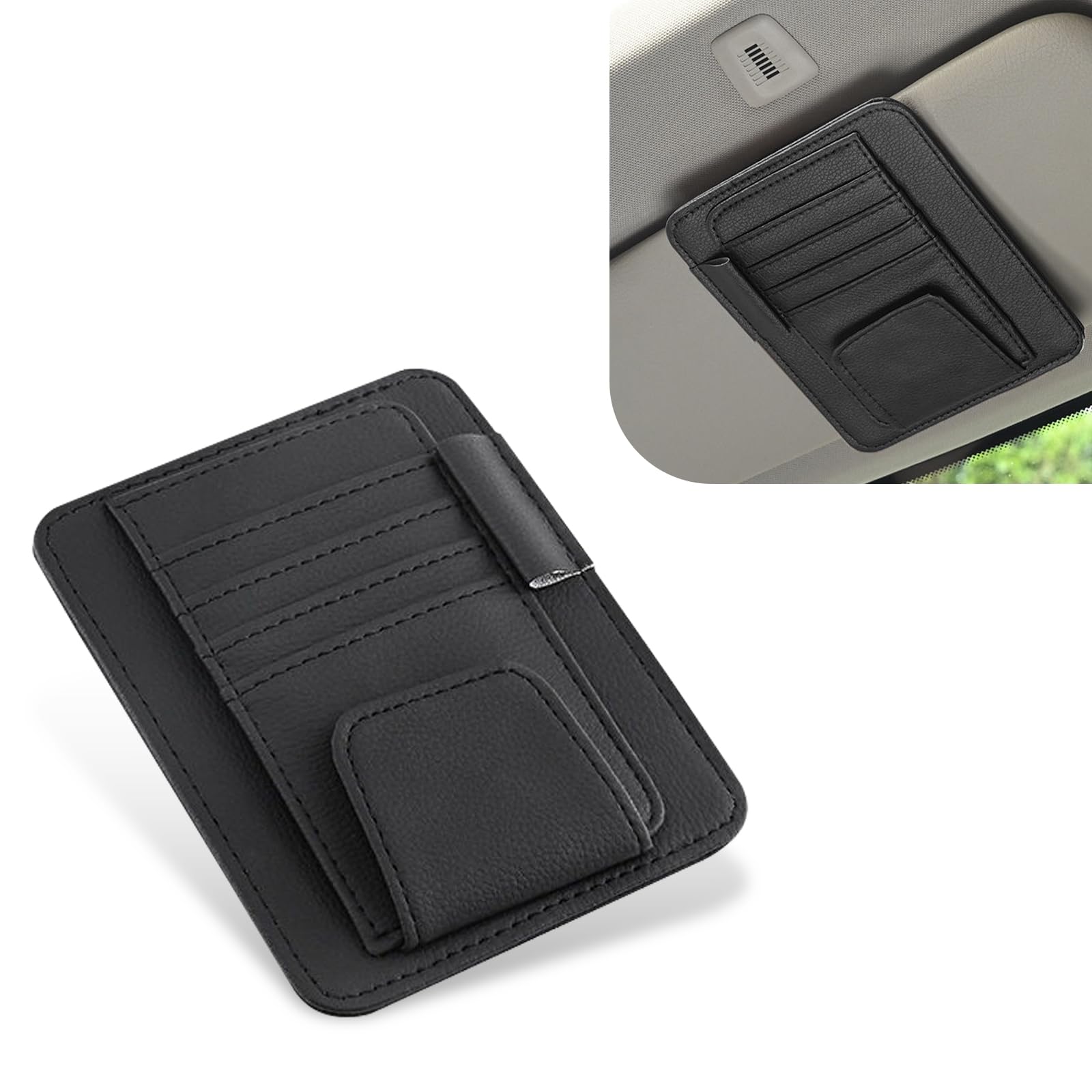 Slykew 1 PC Car Sun Visor Card Holder Replacement, 6.10In x 4.92In Large Capacity Leather Vehicle Visor Sunglasses Organizer Clip, Universal Automotive Pen Pocket Accessories for Truck SUV (Black)