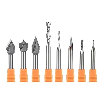 SpeTool 8PCS CNC Router Bit Set 1/4 Inch Shank Solid Carbide V Groove Spiral Bit Profile Detail Carving Kit Lettering Sign Making Router Bits for Woodwroking
