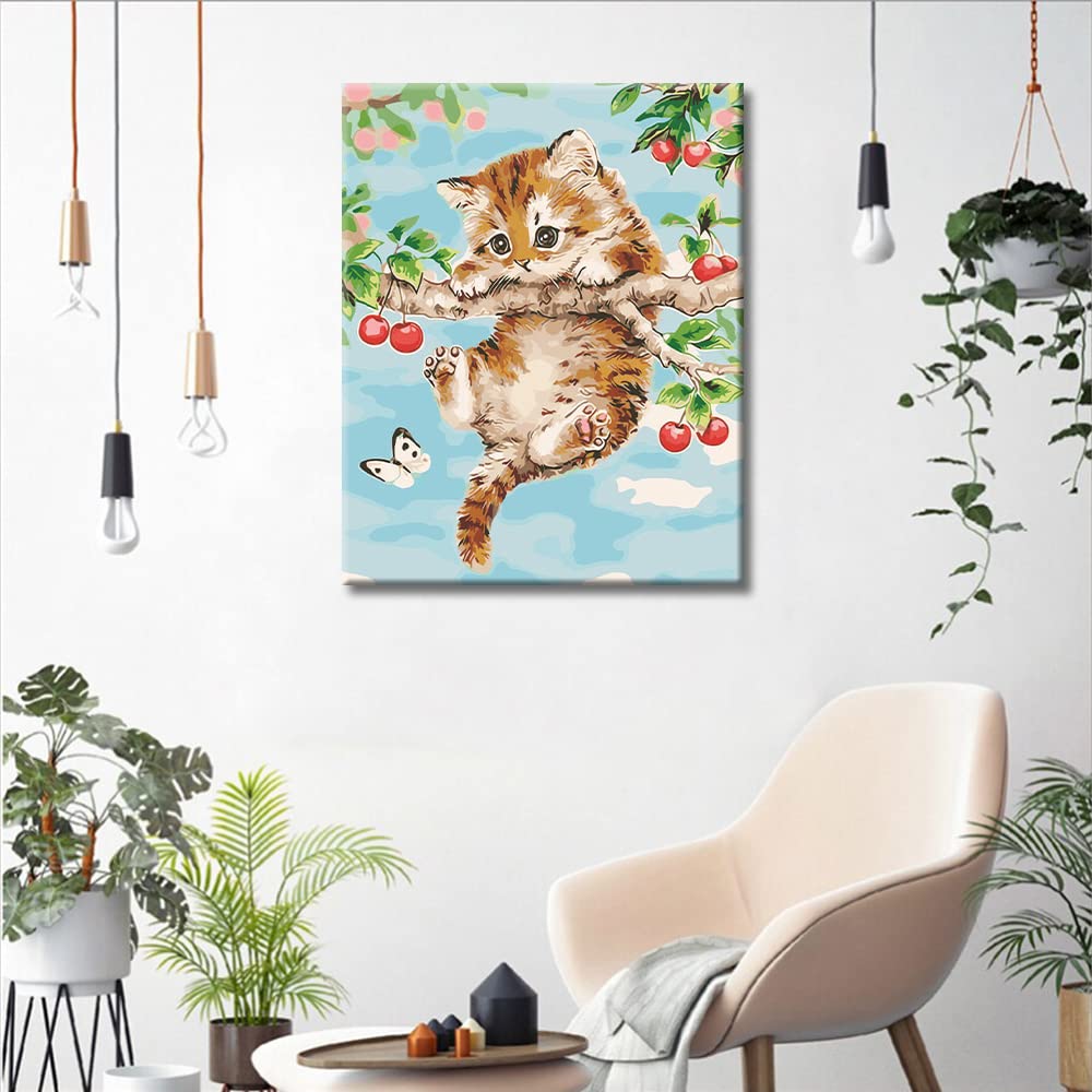 Kirsche und die Katze malen nach Zahlen, Haustiere Katze malen nach Zahlen für Erwachsene Anfänger, Tiere malen nach Zahlen auf Leinwand DIY Erwachsene malen nach Zahlen Kunst 16x20 Inch Den Rahmen