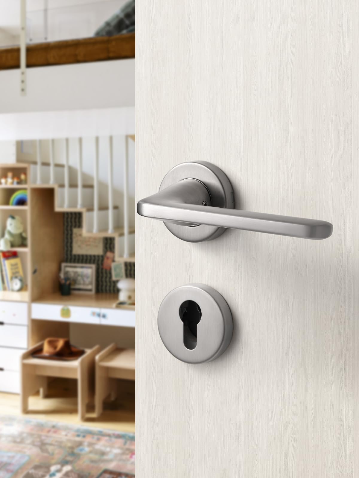 SORWDUERM Nickel Door Handle Set, Matte Brushed Stainless Steel, L Shape Round Rosette PZ Profile Cylinder for Front & Interior Doors - Image 3