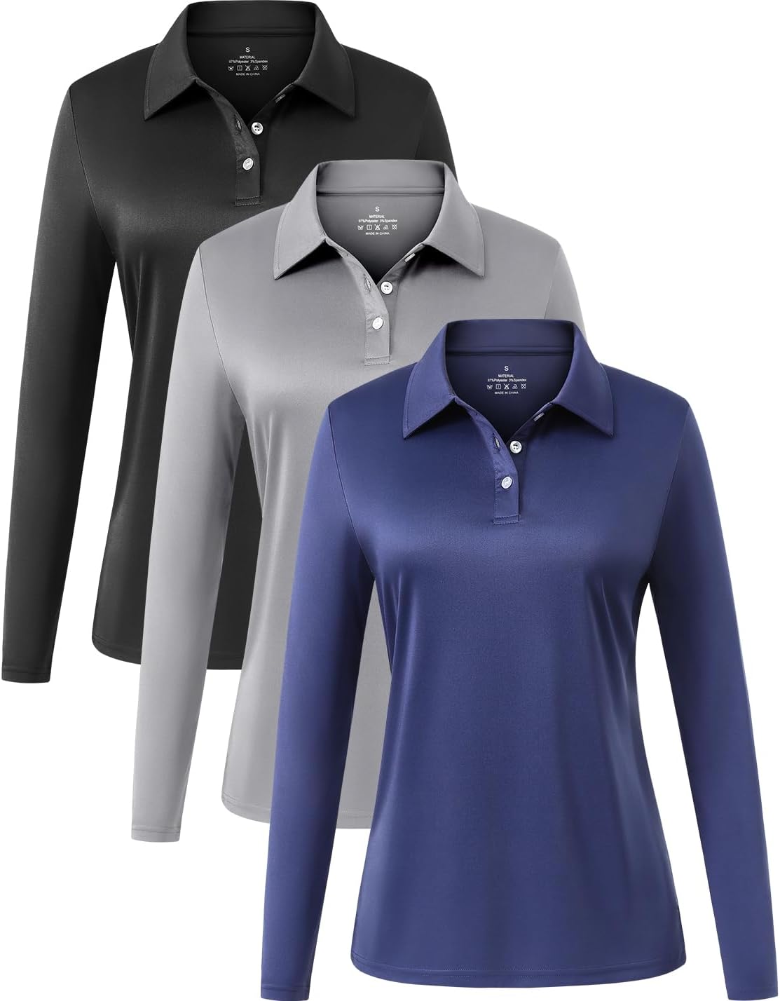 Star Vibe Long Sleeve Polo Shirts for Women Moisture Wicking Golf Shirt Quick Dry UPF 50+ Sun Tennis Athletic Tops 3 Pack