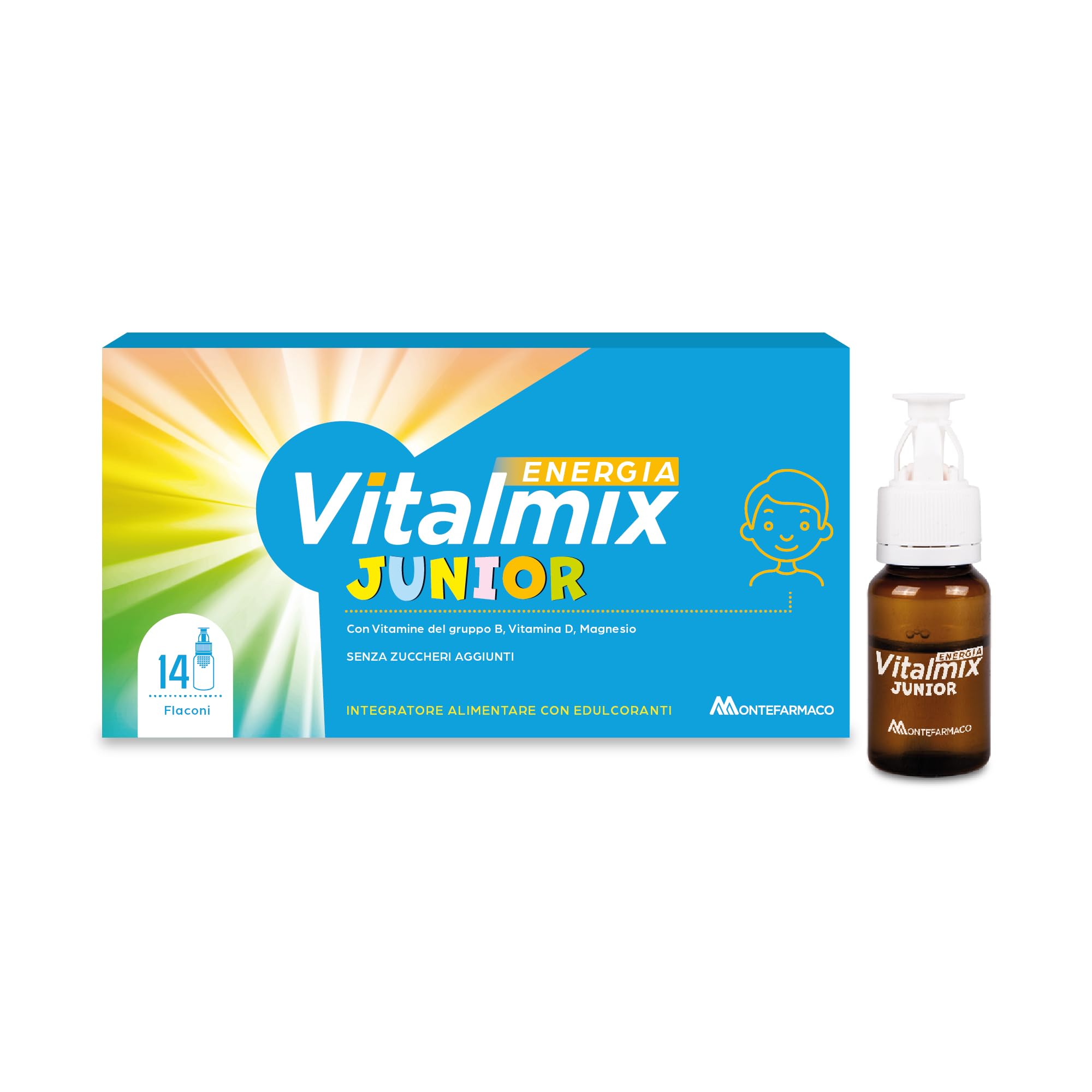 Vitalmix Energia Junior, Integratore per Bambini e Ragazzi, Sostegno Memoria e Difese Immunitarie, 14 Flaconcini Monodose, Senza Glutine e Lattosio