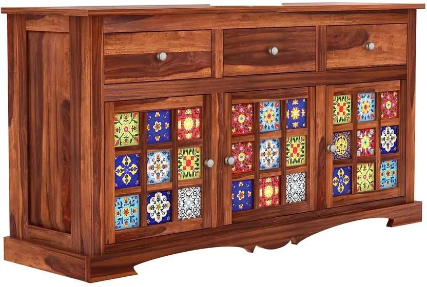 Image of Solid Sheesham Wood Sideboard Cabinet Storage with 3 Door & 3 Drawer Wooden Storage Organizer Cabinet for Home Kitchen Living Room Bedroom Hallway Dinning | Natural Honey Finish | Pre-Assembled