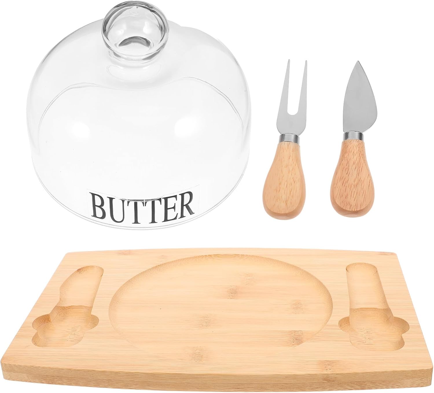 Wood Butter Dish with Lid and Dual Knives, Airtight Butter Keeper Container for Fridge Storage, Farmhouse Cheese and Dessert Tray, 1pcs Set