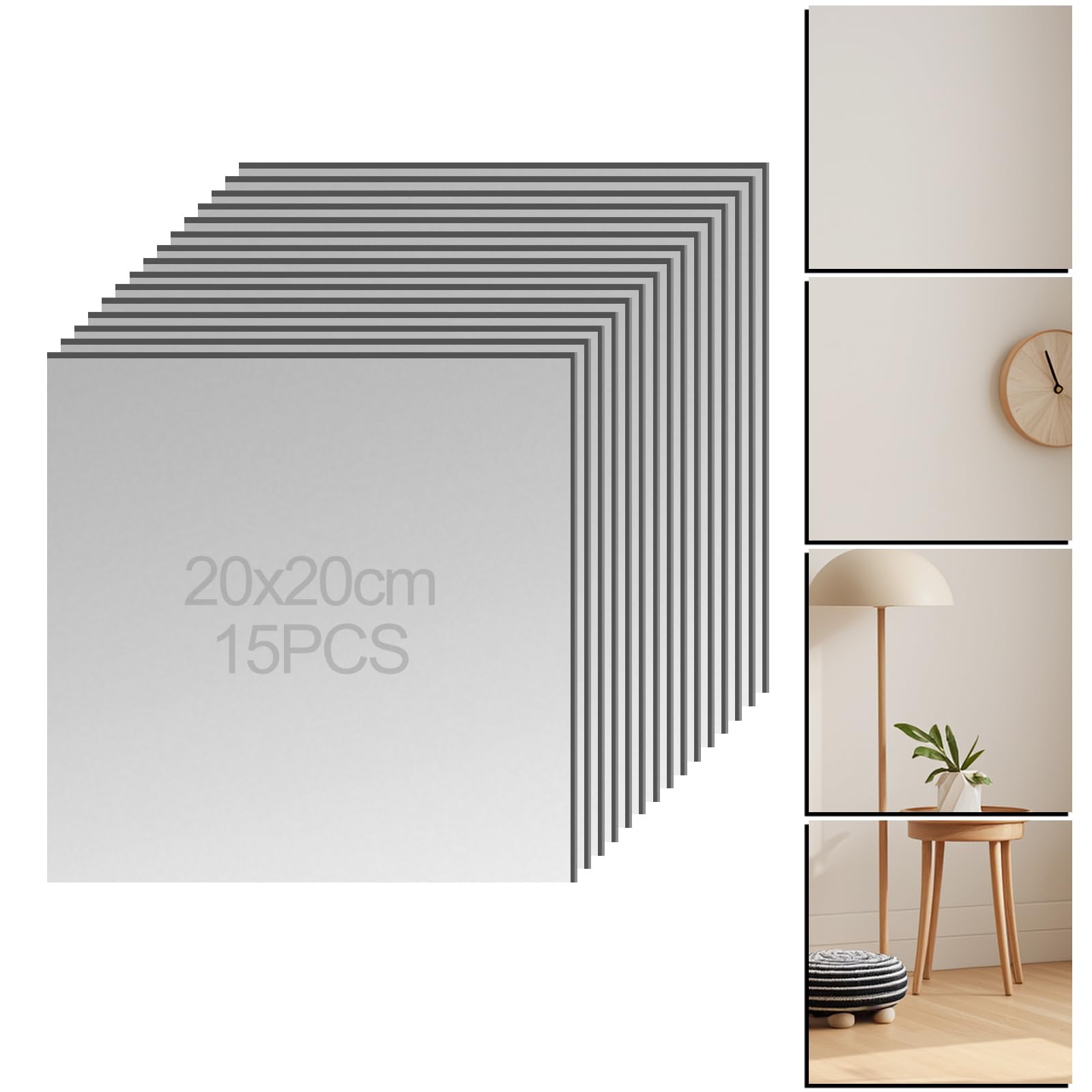 LOPYXBR 15PCS Stick On Mirror 20cm x 20cm Self Adhesive Mirrors Sheet, 2mm Thickened Acrylic Stick On Mirror Tiles 20cm, Self Adhesive Bathroom Mirrors Stickers for Walls Bathroom, Bedroom