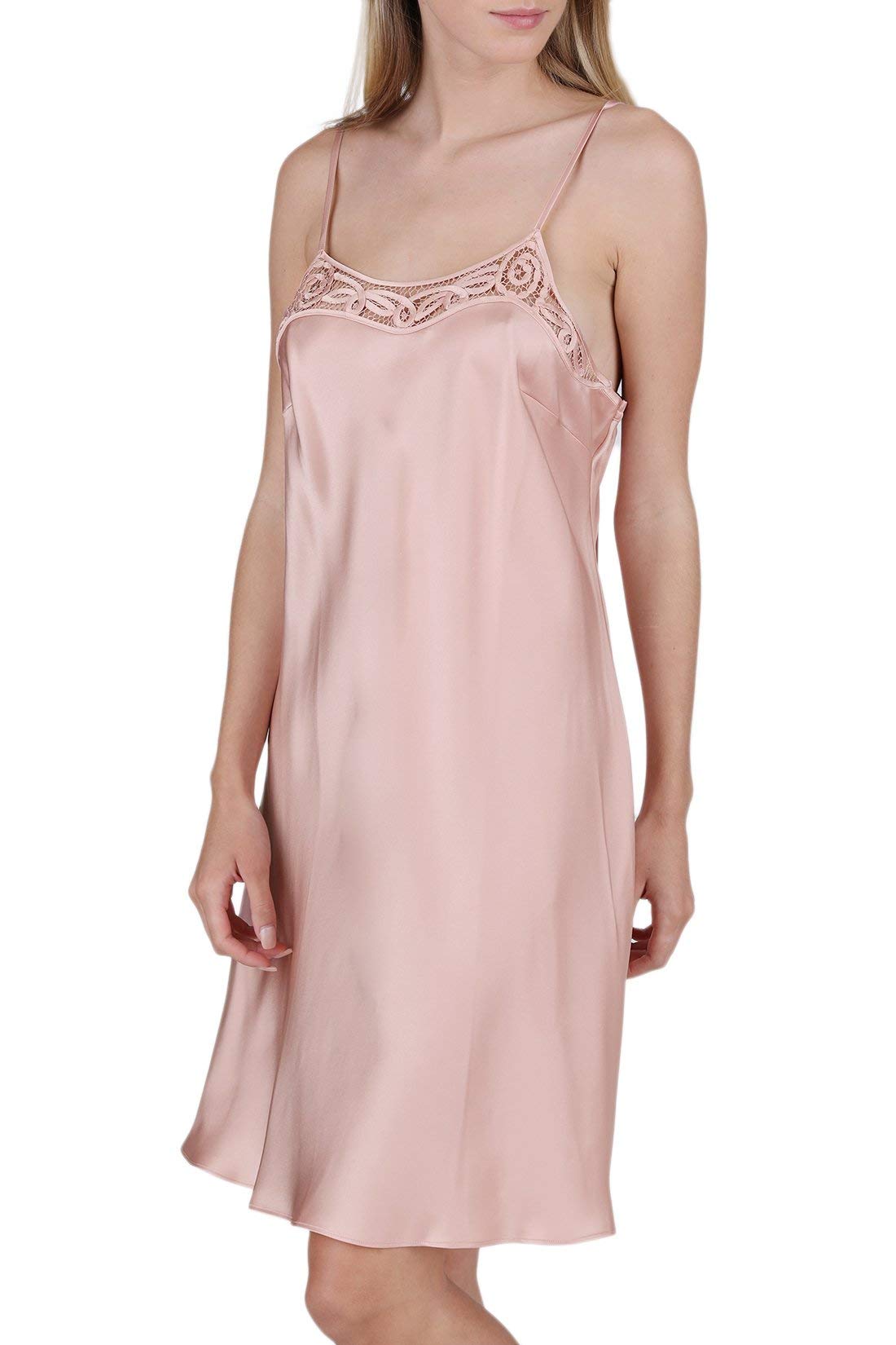 OSCAR ROSSA Women's 100% Mulberry Silk Slip Chemise Nightgown with Hand Crocheted Neck