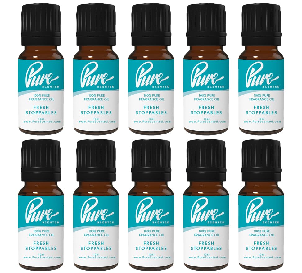 Pure Scented 100ml Fragrance Oils - 10 x 10ml Suitable for Candles, Soaps, Slime, Diffusers, Cosmetics, Wax Melts, Designer (10 x 10ml, Fresh Stoppables)