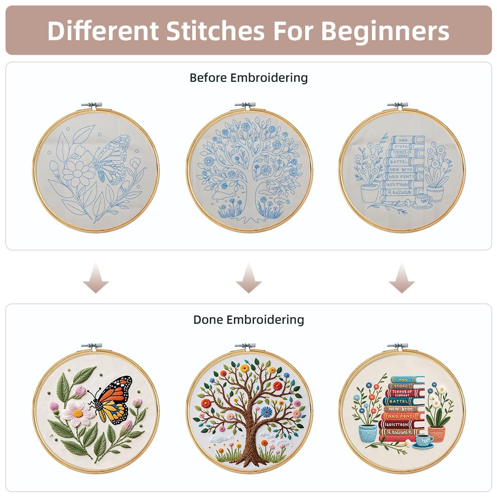 Image of KEKEMEOW 3 Sets Embroidery Kit for Beginners, Stitches with Books and Flowers, Embroidery Stitch Practice kit for Adults Craft Lover, Cross Stitch Kit with Pattern、Instruction、Hoop