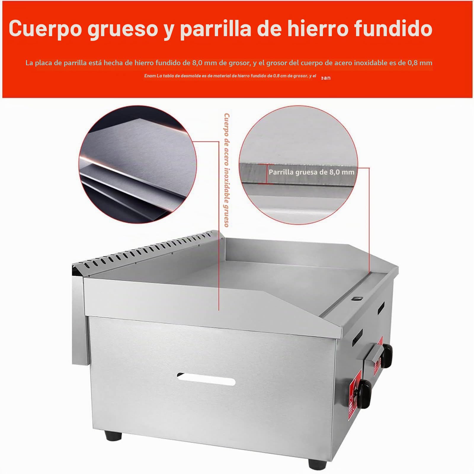 Plancha de gas de acero inoxidable de alta resistencia, con quemadores antiadherentes grandes y placa plana, ideal para asar y hornear alimentos de manera eficiente.(718)
