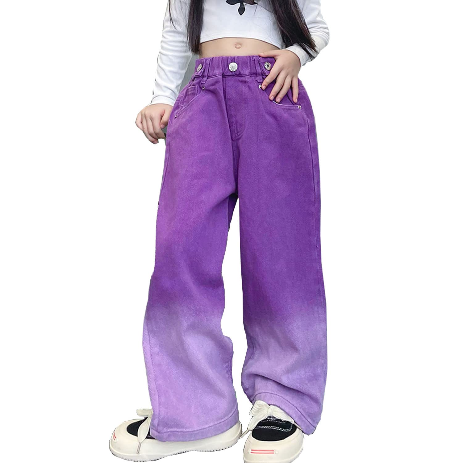 Jeans holgados para niñas, colores caramelo, cintura alta, cintura elástica, pierna ancha, pantalones de mezclilla lavados, talla 5-14 años