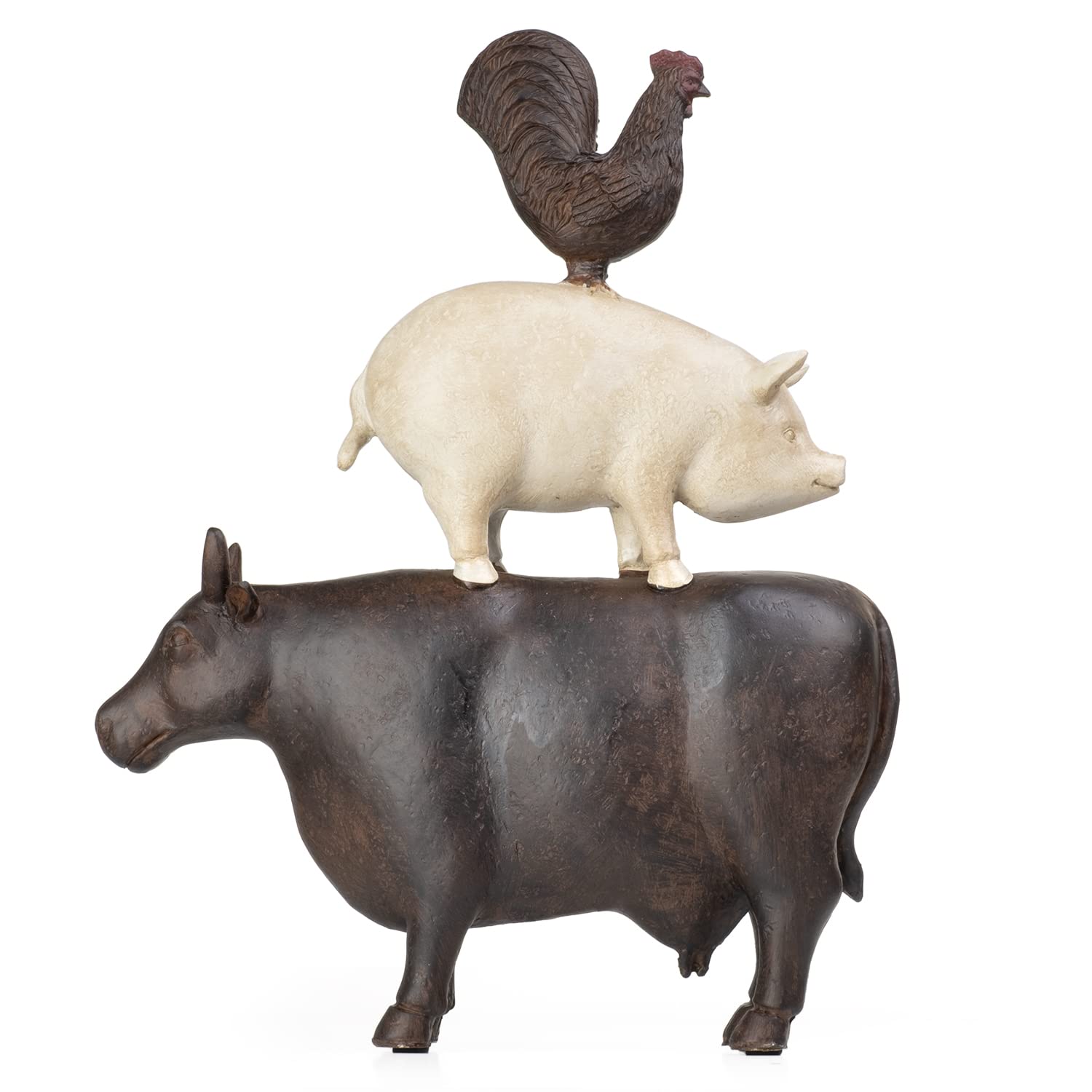 Moritz Deko-Figur Kuh Schwein und Hahn Stehen aufeinander aus Polyresin Dekorations Idee Standdeko Tierwelt Statue Skulptur